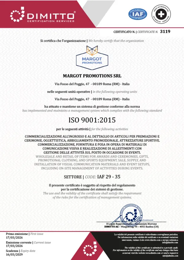 Certificato ISO 9001:2015 Margot Promotions